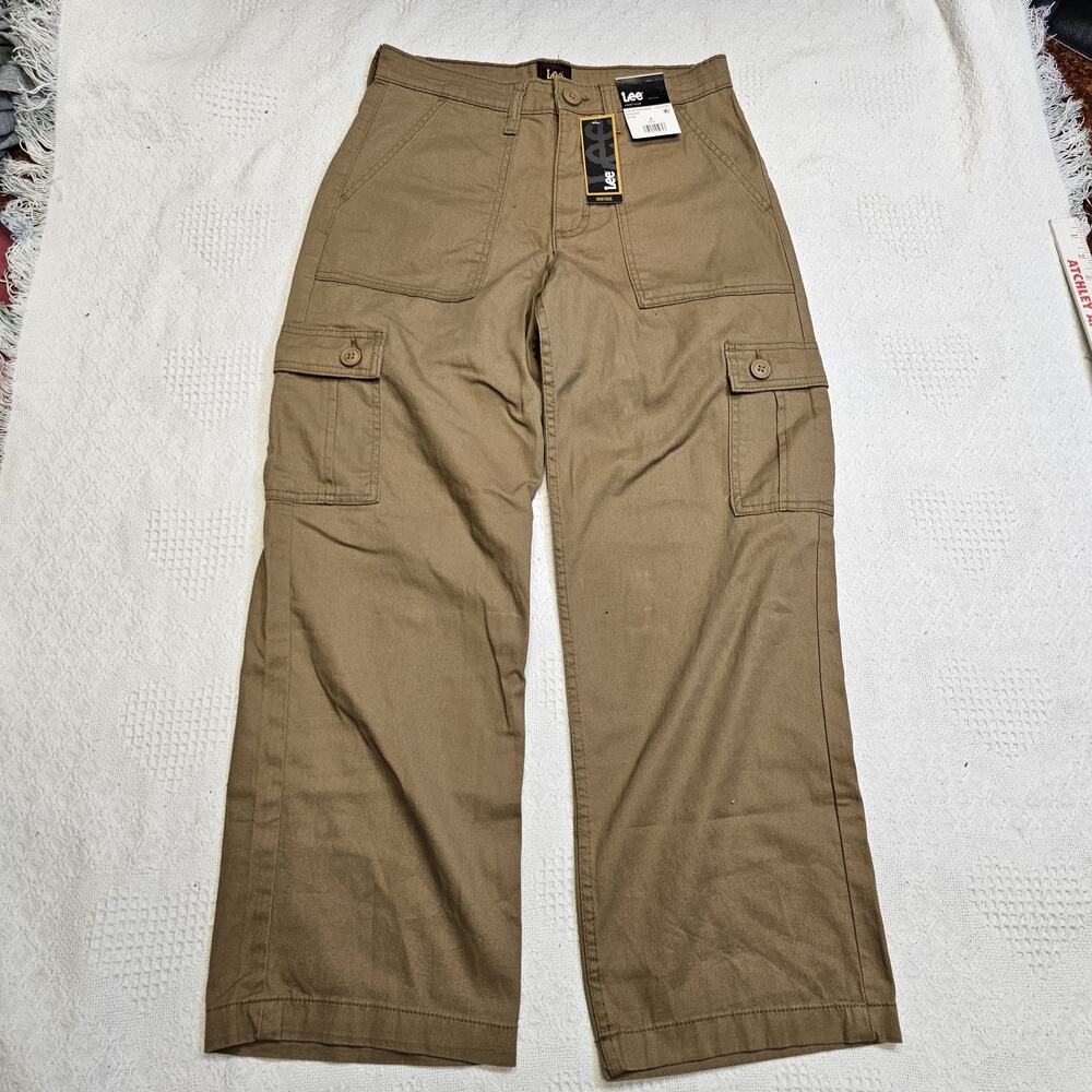 Lee Women’s Brown Solid Cargo Pants Flat Front Pockets Button Logo